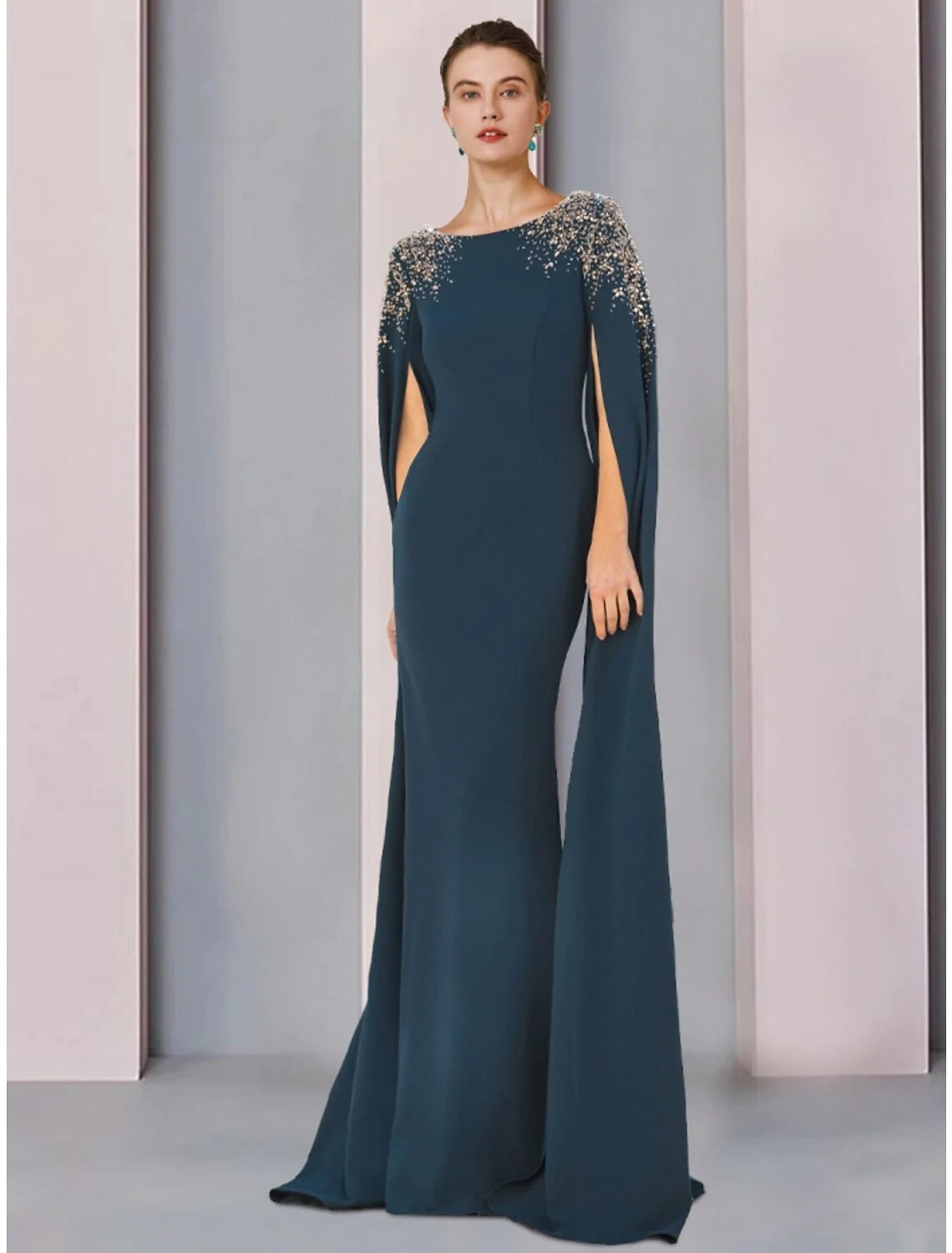 Wholesale Mermaid / Trumpet Mother of the Bride Dress Wedding Guest Elegant Scoop Neck Sweep / Brush Train Stretch Chiffon Long Sleeve with Sequin Ruching